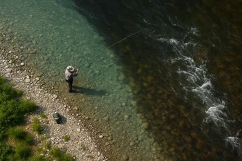 Overview of a river seam where fast and slow water meet