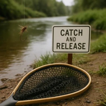 Barbless hook and soft net ready at the bank