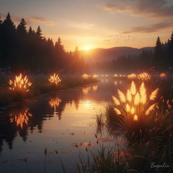 Reeds glowing with warm dusk light