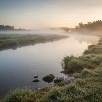River bank with soft morning mist