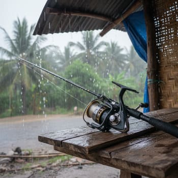 Reel kept under shelter while rain passes