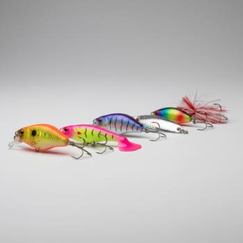 Bright colored lures arranged in a row