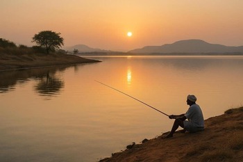 Calm Deccan reservoir shoreline at golden hour