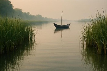 Quiet backwater pocket off the Ganges with reeds