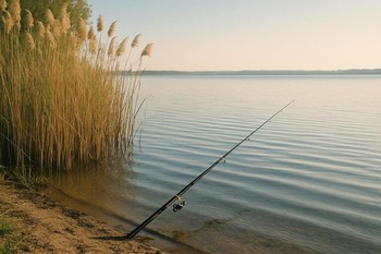 Reeds along a calm shoreline, gentle ripples