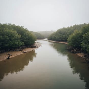 Overcast tidal creek with mangrove edge